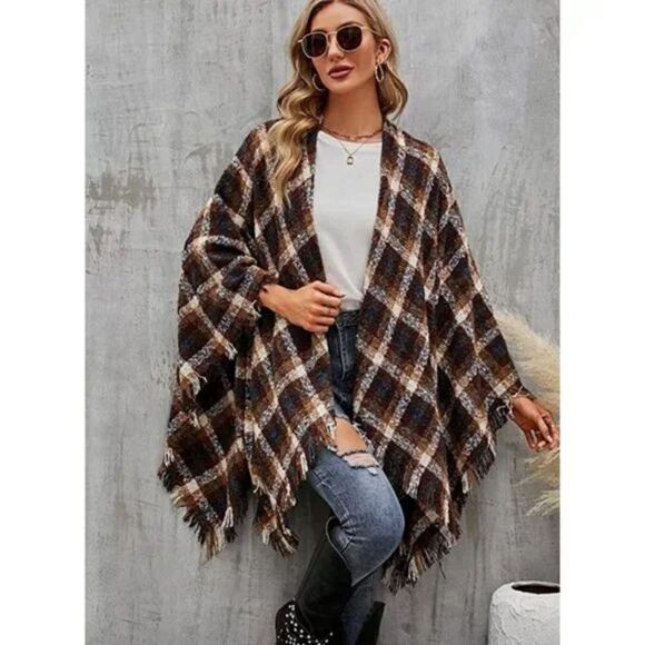 Brown Plaid Checker Print Knit Tassel Poncho Fringed Shawl Pashmina Wrap Sweater - Picture 2 of 6